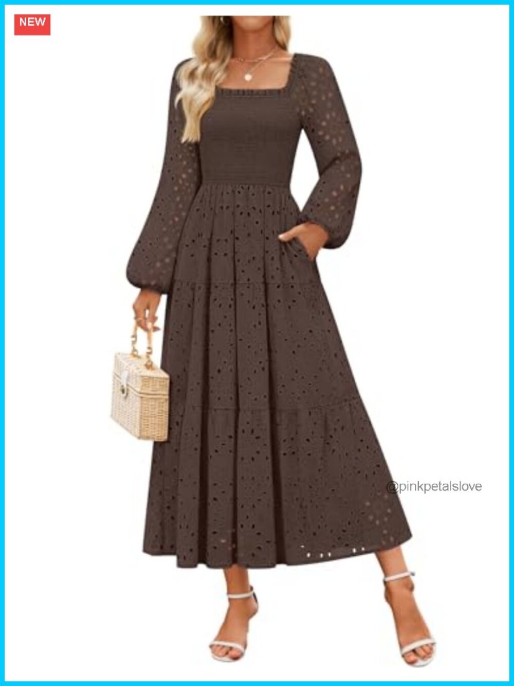 Women's Long Sleeve Maxi Dress Square Neck Smocked A-Line Ruffle Tiered